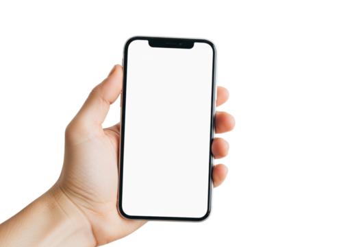 Hand holding a modern smartphone with a blank white screen, isolated on transparent background, perfect for showcasing mobile apps and websites