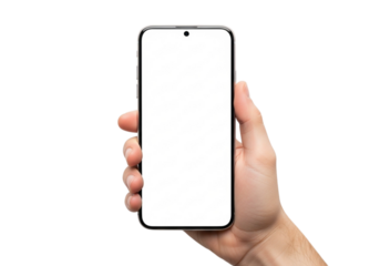Hand holding a sleek smartphone with a blank white screen isolated on transparent background, ideal for showcasing mobile app designs and user interfaces
