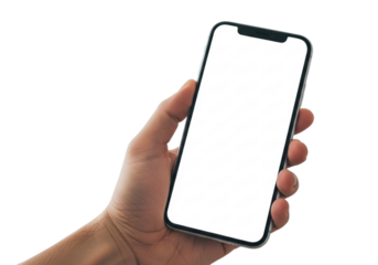 Hand holding a modern smartphone with a blank white screen, showcasing app design, isolated on transparent background perfect for mobile technology mockups