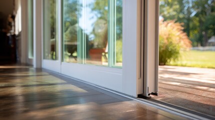 Close up view of aluminum frame sliding patio door system showing smooth operation and modern design in a bright, sunny outdoor setting