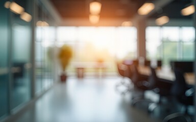 Blurred empty open space office. Abstract light bokeh at office interior background for design. High quality