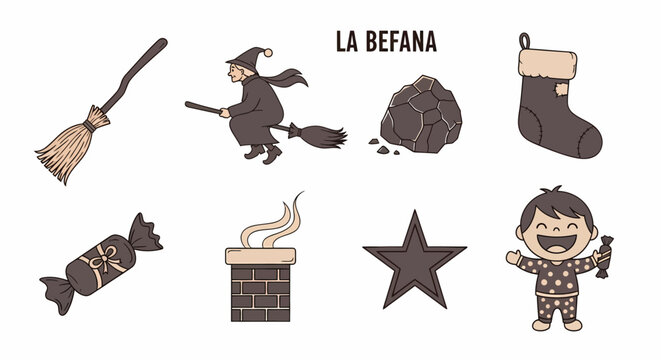 Cartoon icons related to La Befana featuring a witch sweets coal and a chimney