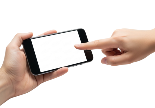 Hand holding a smartphone with a blank white screen and another finger touching it, isolated on transparent background, perfect for app demos