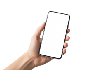 Hand holding a smartphone with blank screen isolated on transparent background for mockup template advertising and branding technology concept