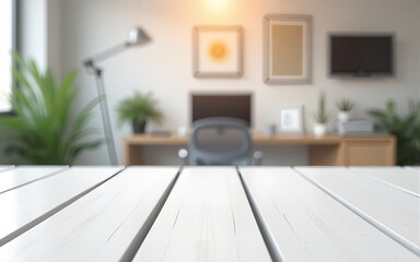 White wood top table over office blurred background. High quality