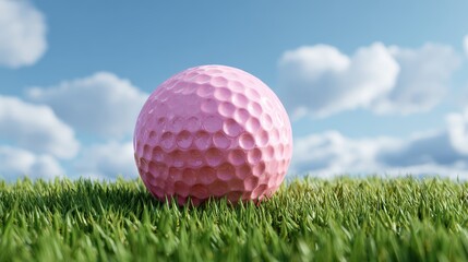 Obraz premium Unique pink golf ball resting on bright green grass under a clear blue sky with fluffy white clouds