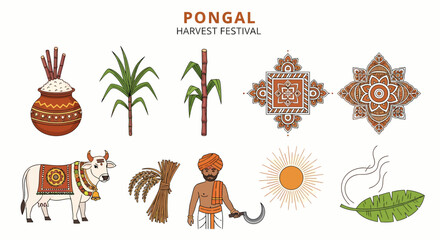 Collection of illustrations representing Pongal harvest festival elements on white background