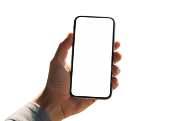 Hand holding a modern smartphone with a blank white screen, isolated on transparent background, ready for your content to be displayed beautifully