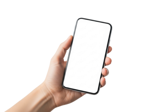 Hand holding a smartphone with blank screen isolated on transparent background for mockup template advertising and branding technology concept