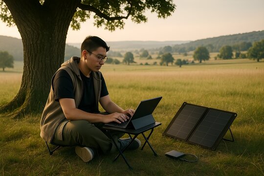 Wide view of digital nomad setting up a mobile workspace under a tree in a rural meadow, tablet, solar charger visible, wearing casual tech style clothing