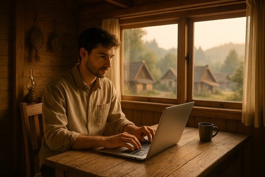  Young professional working on laptop in a rustic wooden cottage in a remote village at dawn, soft natural light, modern tech mixed with traditional