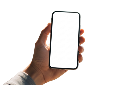 Hand holding a modern smartphone with a blank white screen, isolated on transparent background, ready for your content to be displayed beautifully