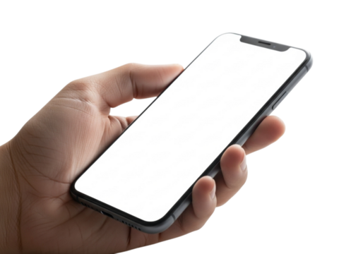 Hand holding a modern smartphone with a blank white screen, isolated on transparent background, ready for your content to be displayed beautifully