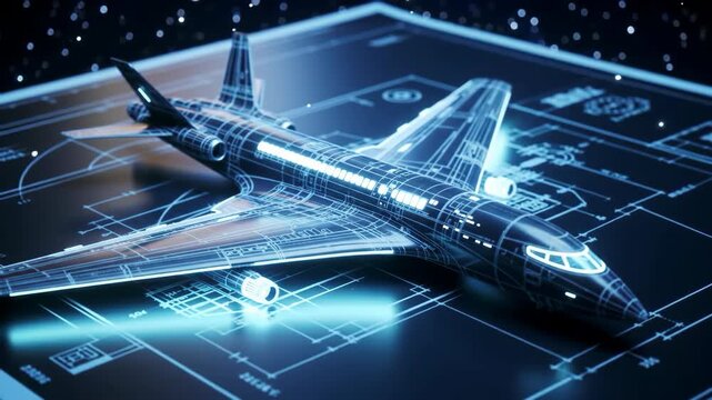 3D illuminated aircraft model on blueprint, with a starry background. For aviation, design, and tech
