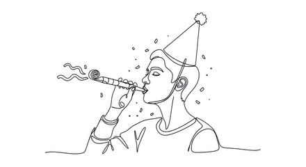 Line art illustration of a young person wearing a party hat, blowing a noisemaker, celebrating a festive occasion with joyful expressions and celebratory elements