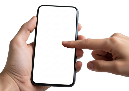 Hand holding a smartphone with a blank white screen isolated on transparent background, showcasing mobile technology and digital communication in a studio shot