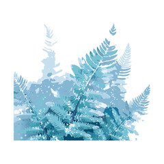Group of delicate, stylized blue fern Plants and frosted pines against a white background, suggesting a serene winter botanical landscape © color