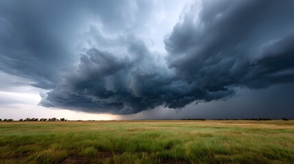 A powerful storm front with dark turbulent clouds moves across a wide green and gold grassy field under a dramatic sky