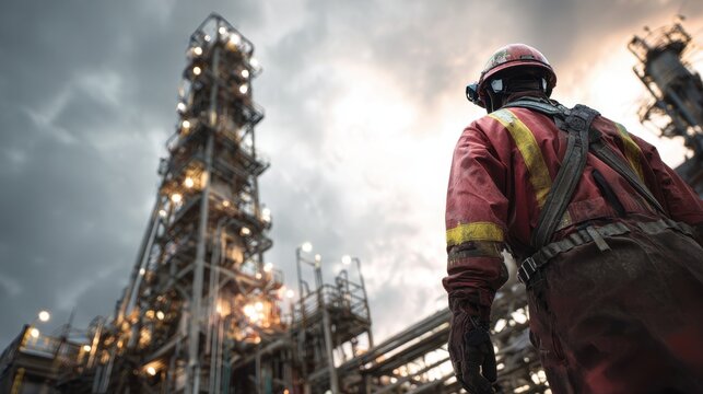 Worker in safety gear monitors operations at an oil refinery during a dramatic twilight sky filled with clouds and industrial structures