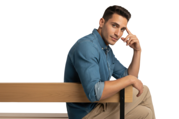 Confident man in blue shirt contemplating on bench, on transparent background