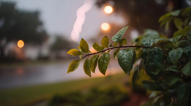 Wet green leaves in the rain with soft bokeh streetlights and distant atmospheric lighting