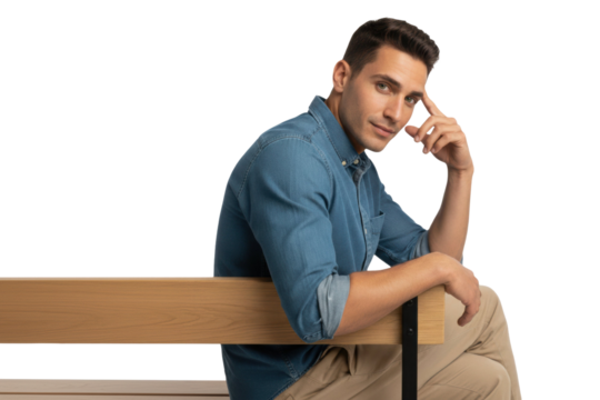 Confident man in blue shirt contemplating on bench, on transparent background