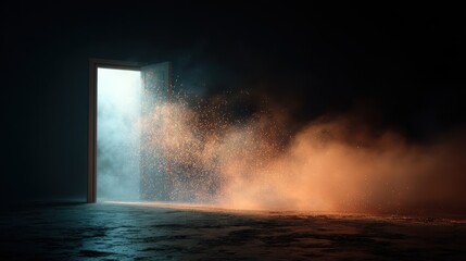 Open magic door in a dark room revealing glowing particles and smoke creating an enchanting atmosphere at night