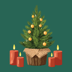 Cozy Ambiance of Christmas Plants Decor with Potted Tree and Glowing Red Candles Accent