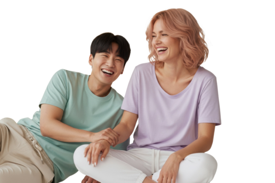 Joyful diverse couple laughing together, casual style