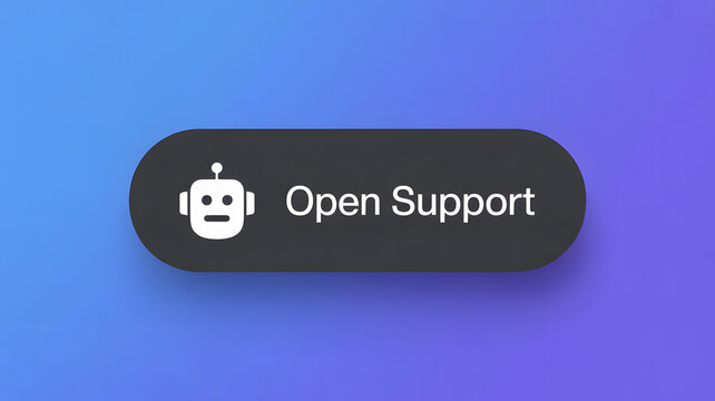 A dark button with a robot icon and the text open support on a gradient background of blue and purple - Powered by Adobe