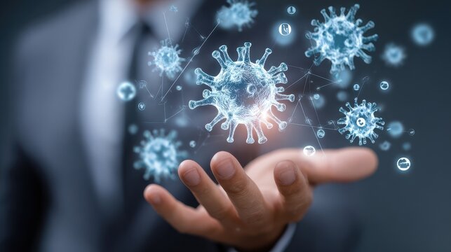 Businessman showcasing virtual medical network connections with health icons in technology-focused environment