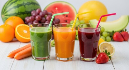 Freshly squeezed fruit and vegetable juices on a white wooden table top