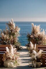 Bohemian Oceanfront Wedding Ceremony Setup with Pampas Grass