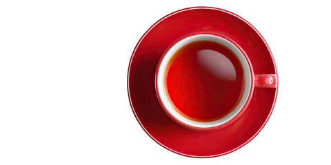 Overhead view red cup of dark tea on saucer, black bg