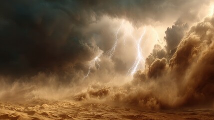 Dramatic sand storm with lightning illuminating desert landscape during a fierce thunderstorm at sunset