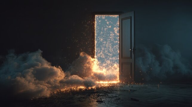 Open door revealing magical particles in a dark room surrounded by smoke - Powered by Adobe