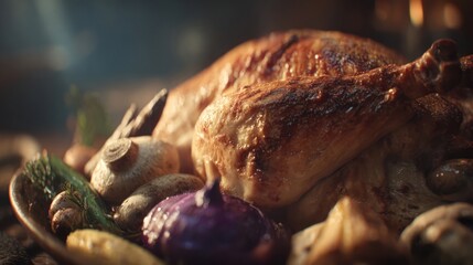 Obraz premium Close-up of carved turkey with gravy, roasted vegetables, cinematic ultra realistic 8k