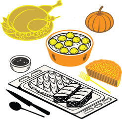 Vibrant festive dinner celebration with food and drinks illustration