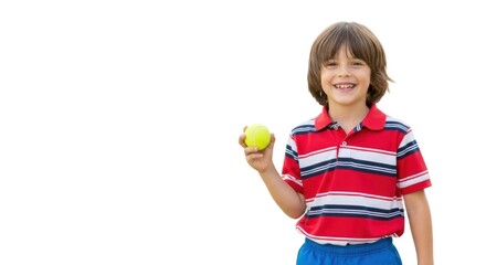 A young boy in a red striped shirt holding a green tennis ball against a white background.
