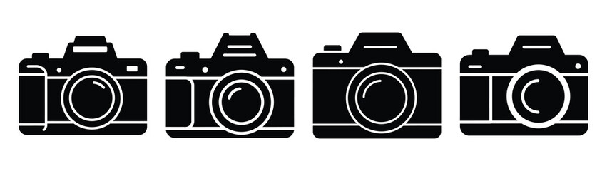 camera minimal flat icon set, black color and white background