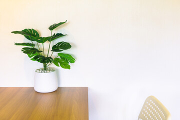 Artificial monstera plant in a white pot placed on a wooden table against a clean interior wall. Represents home decor, minimal living, and indoor greenery for a modern and natural room atmosphere © patpitchaya