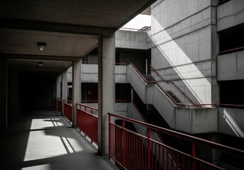 Fototapeta premium Modern Concrete Architectural Corridor with Red Railings and Dramatic Light Shadows