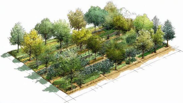 Medium frame of mixed species orchard layout being mapped highlighting integrated spacing strategies for harmony between different fruit trees