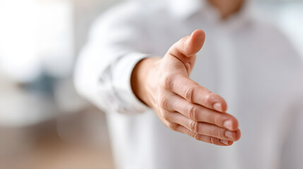 a person extends their hand towards the viewer for a handshake, representing agreement and collaboration