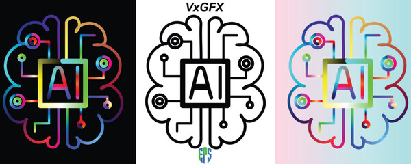 Modern AI Brain Concept with Vibrant Colors for Tech Innovations and Future Technology Projects, Featuring Three Variations for Maximum Design Flexibility