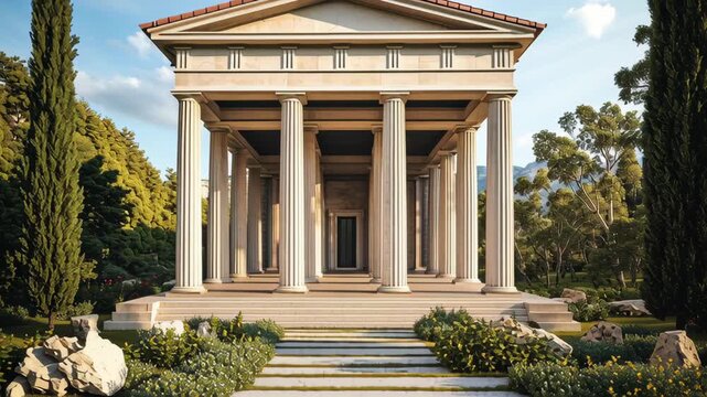 A large white building with columns and a doorway. The building is surrounded by trees. The trees are green and tall. Elegant greek-style structure with ionic columns large size