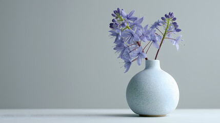 Ceramic vase with single flower stem positioned elegantly, showcasing delicate purple blooms against minimalist background