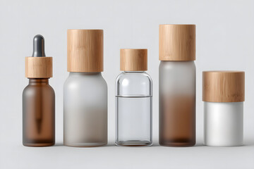Curated selection of five skincare products in elegant glass bottles with wooden caps, showcasing modern and minimalist aesthetic