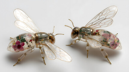 Translucent robotic bees with intricate designs showcase blend of technology and nature, symbolizing innovation in pollination