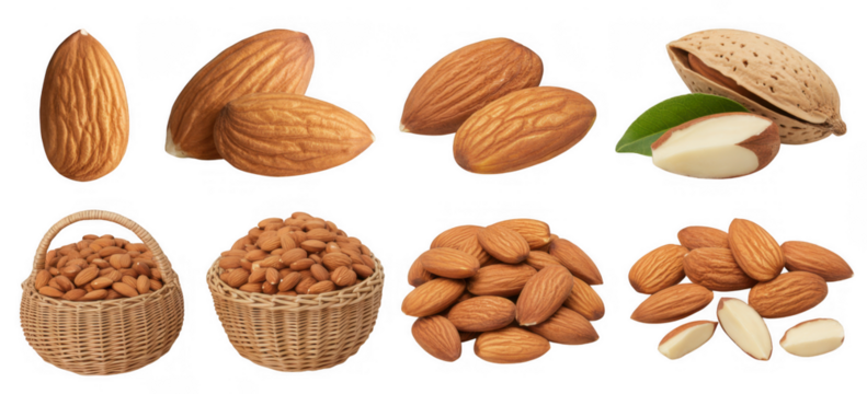 Brown almonds in baskets and scattered isolated on a transparent background